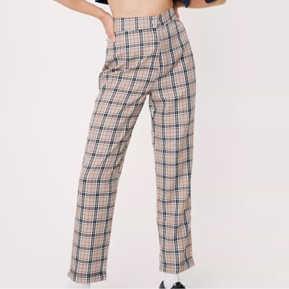 Nasty Gal Beige Plaid Straight-Leg Pants